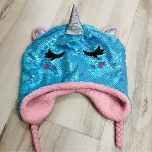 Blue Sequin Unicorn Hat with Pink Lining